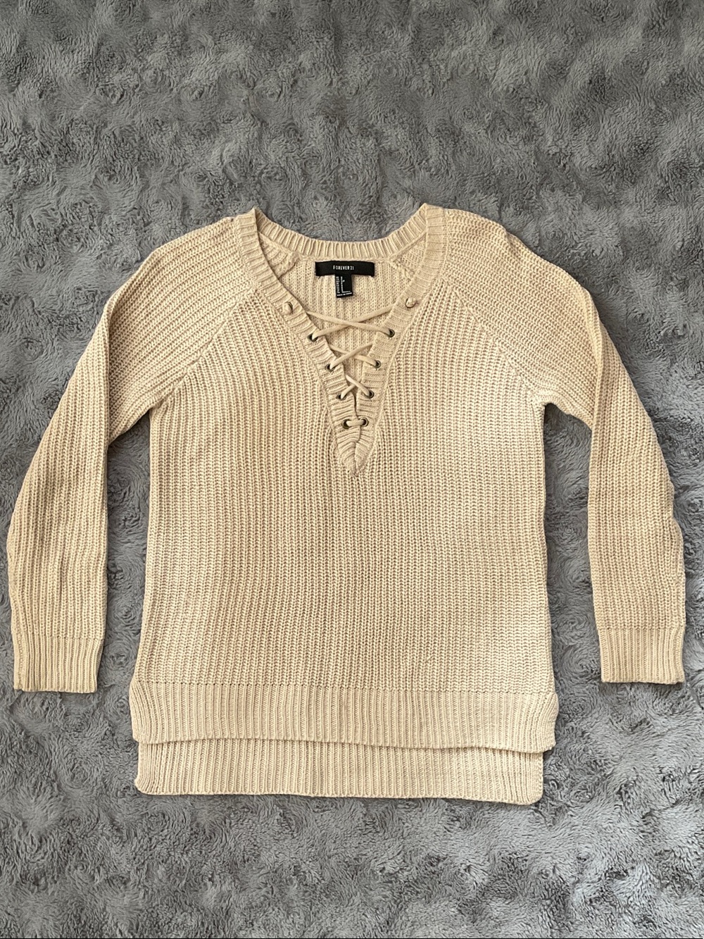 Forever 21 Cream Lace-Up V-Neck Ribbed Sweater